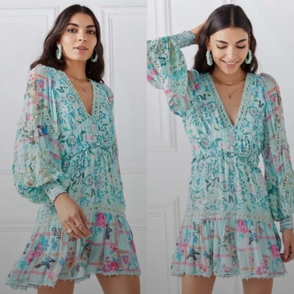 Hemant and Nandita Green Cosmic Long Sleeve Pearl Embellished Mini Dress